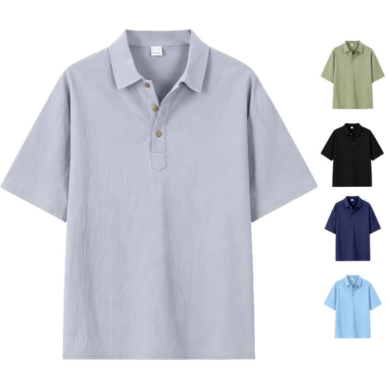 Men's Linen-Look Short Sleeve Polo Shirt Casual Button Placket Collared Top