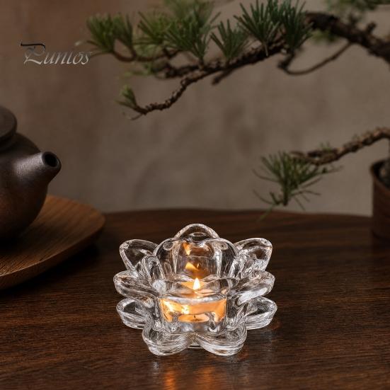 Decorative Glass Candle Holder Crystal Lotus Flower Tealight Holders, Tea Light Candlestick Decor Thick with Deep Grooved Plate, Multifunctional