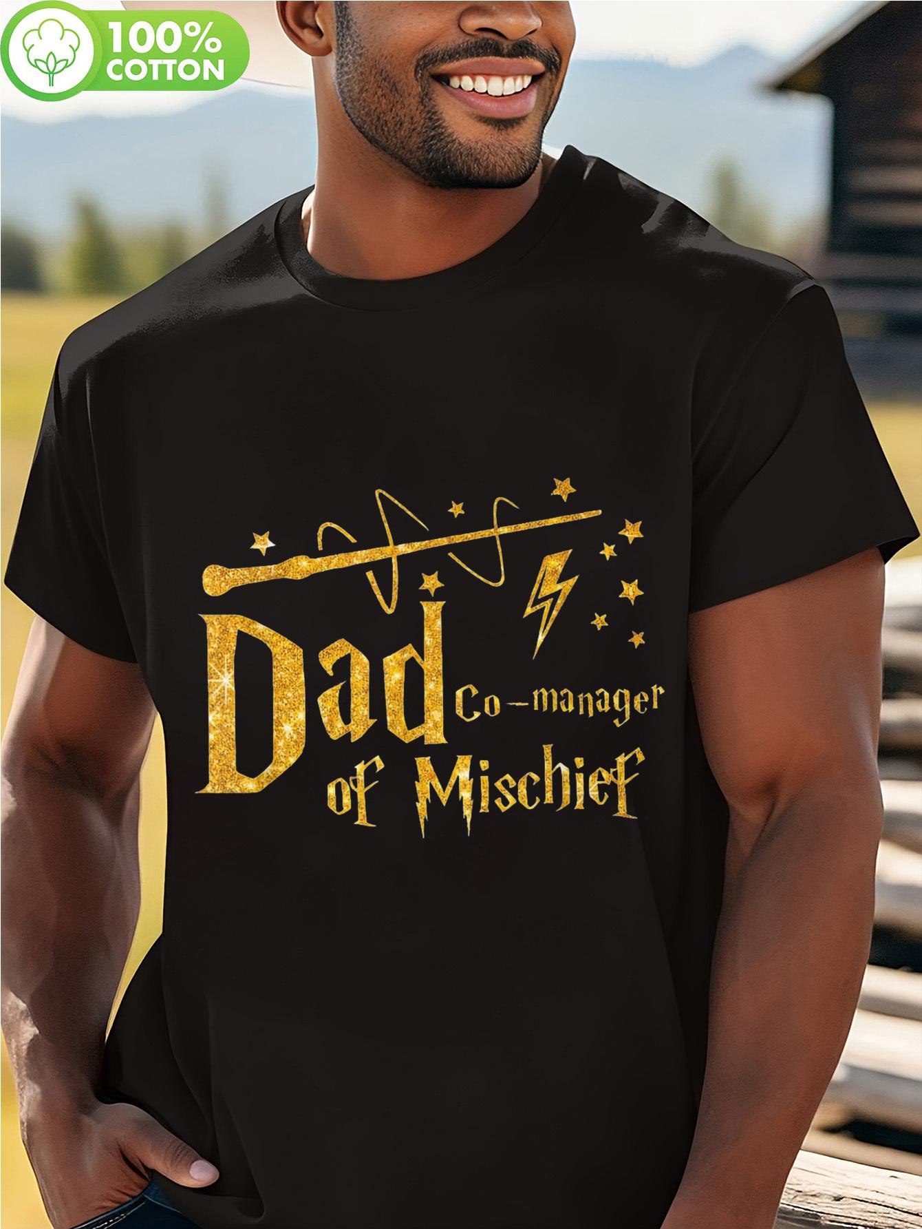 Magic Motorcycle Plus Size  Dad Co-Manager of Mischief  Graphic T-shirt - 100% Cotton Breathable Casual Tee with Golden Sparkles & Lightning Bolts S