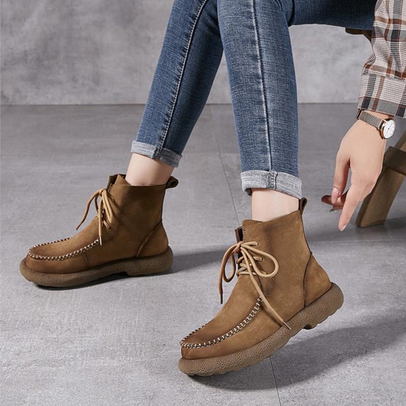 Johnature Retro Women's Ankle Boots Thick Soled Genuine Leather Lace Up Handmade Cowhide Short Boots