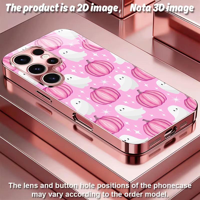 2DFlat Samsung electroplated tempered glass phone case,Cute Pink Pumpkin Ghost PatternSuitable for Galaxy S26 S23 S24FE S25ULTRA S22 S21