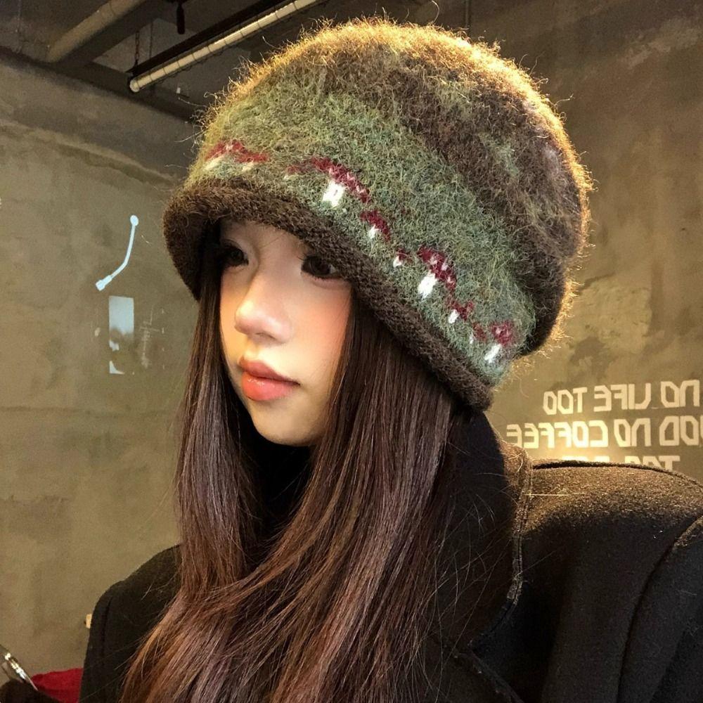 Thicken Winter Pullover Hat Ethnic Style Beanies Hat Casual Fair Isle Style Knitted Hat Outdoor