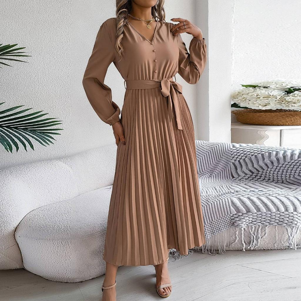 Dámské módní retro jednobarevné elegantní výstřih do V s dlouhým rukávem a zavazováním v pase