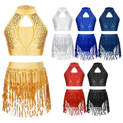 Kids Girls Sequin Crop Top with Skirt Set Jazz Latin Dance Outfits 2 Piece Performance Costume Dancewear