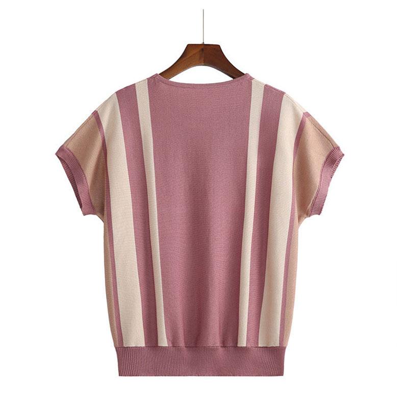 Summer Casual Striped Patchwork T-shirt Women Contrasting Colors Round Neck Commute Short Sleeve Pullovers New