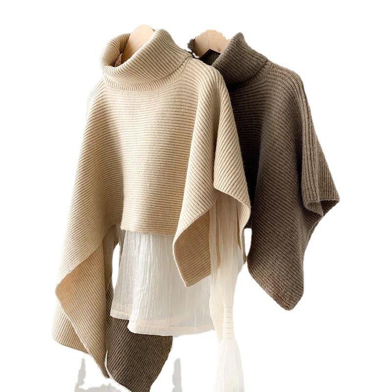 Womens Oversized Knit Cape Sweater Shawl High Neck Warm Thick Winter Cardigan Street Style