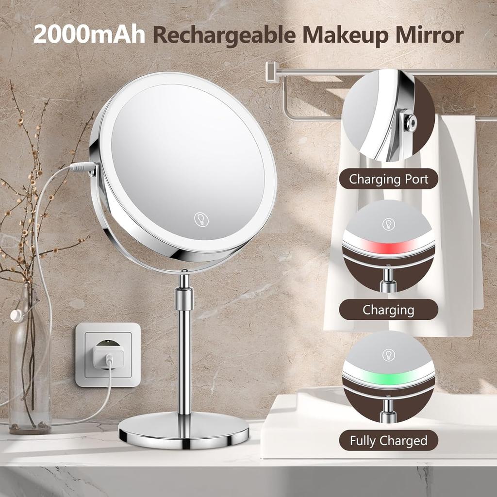 Lighted Makeup Mirror, Rechargeable Height Adjustable Double Sided, 1x/10x Magnifying with 3 Color, Brightness Adjustable, 360° Rotation Vanity,