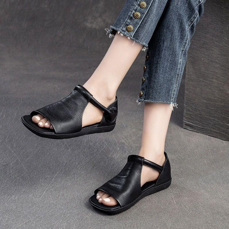 Women's Retro Handmade Flat Sandals, Open Toe with Adjustable Hook and Loop, Comfortable Casual Daily Footwear