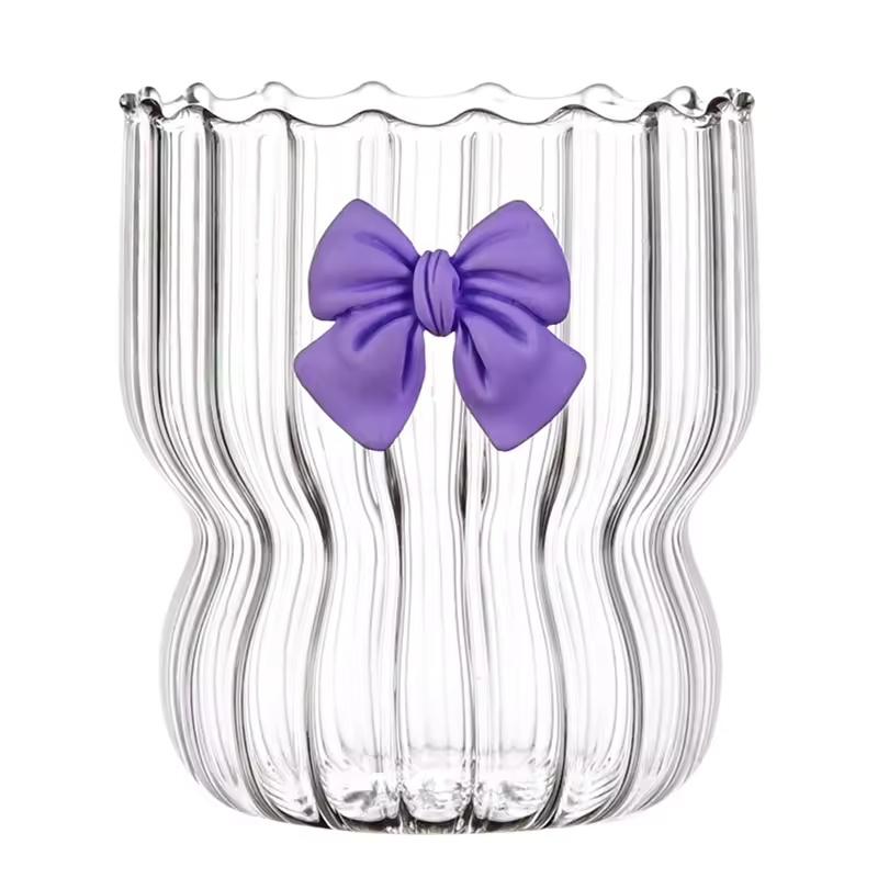 300ml Cute Bow Glass Cup Clear Striped Water Cups Bow-knot Coffee Drinking Mug Household Fruit Tea Juice Glassware Girls Gift
