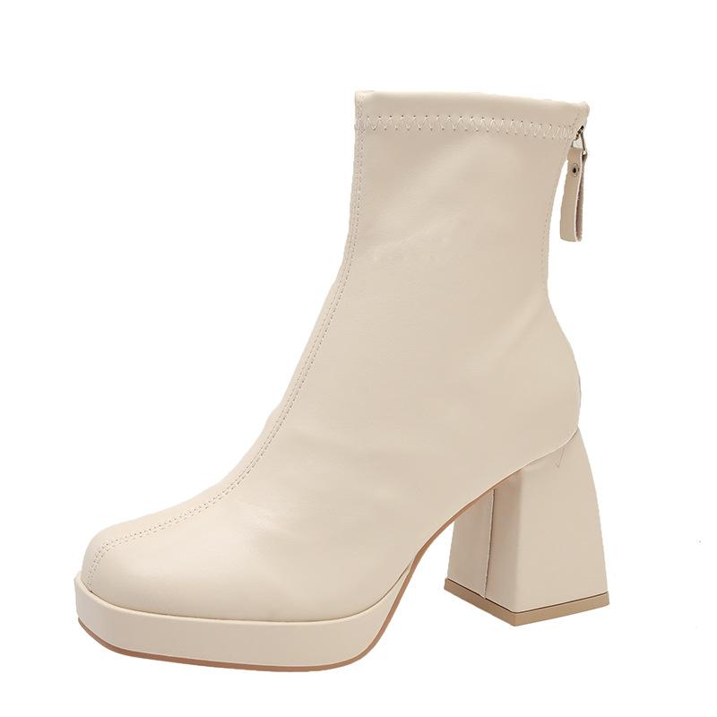 Martin Boots Women's Autumn and Winter Square Head European and American Retro High Heel Thick Heel Rear Zipper Thin Short Boots Increase Height