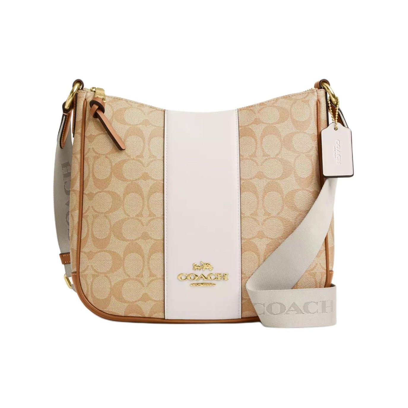 

Coach Ellie 26 Top Zip Closure Document Bag Striped Signature Canvas And Leather Crossbody Bag Medium Women bags Light-Khaki CR124-IMWQJ Basic Set (Bag+Dust Bag)