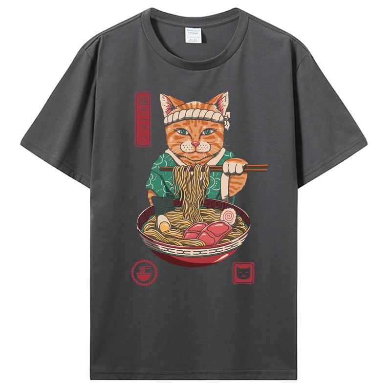 Summer New Men Japanese Samurai Cat Graphic T Shirt Fashion Casual Personality Cool T-shirt Print Cotton Tees Tops