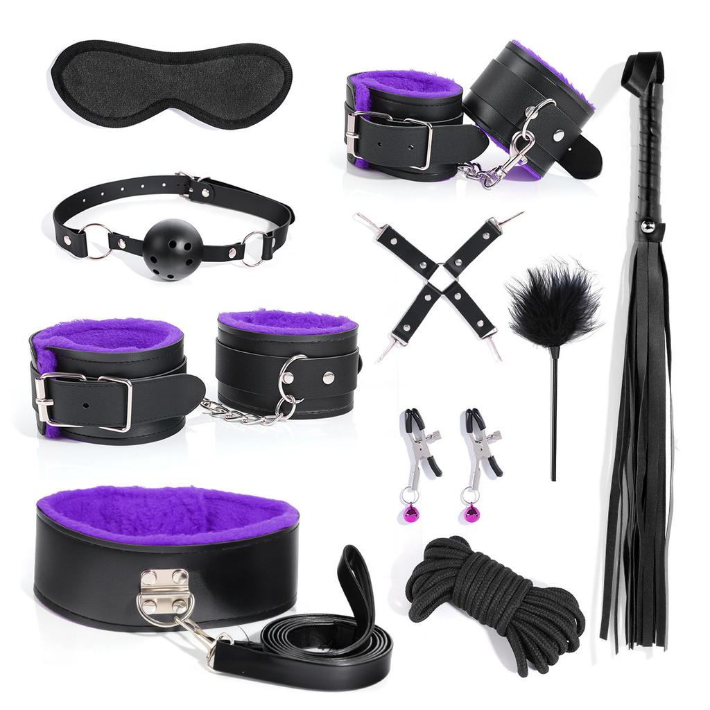 BDSM Bondage Bundle Set Leather Plush Blindfold Handcuffs Whip Nipple Clip Adult Sex Toys Women Erotic Restraint Game Kit