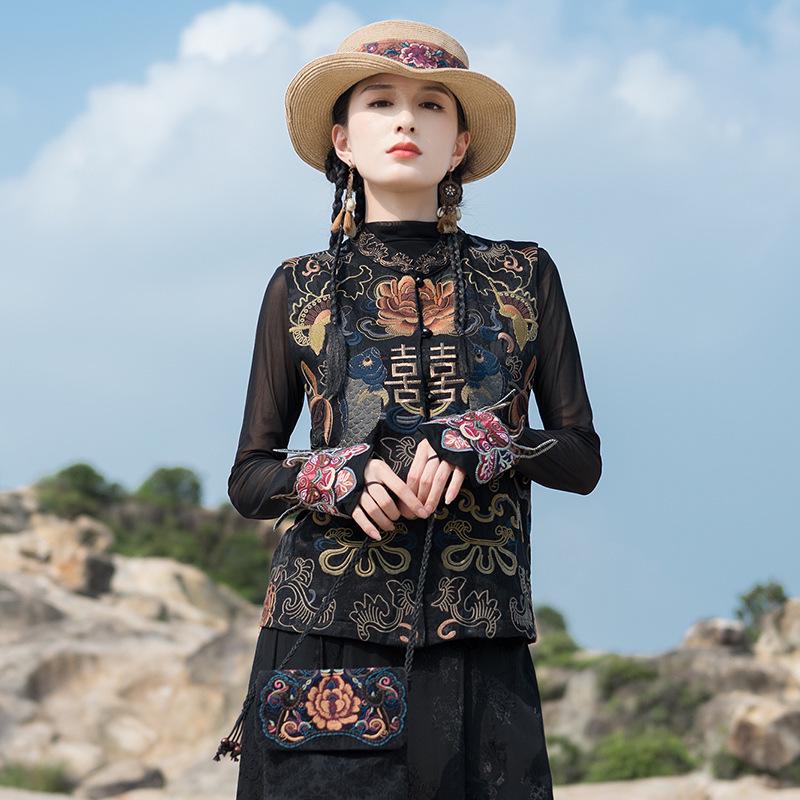 Women's Chinese Retro Embroidered Flower Vest - Sleeveless Cardigan