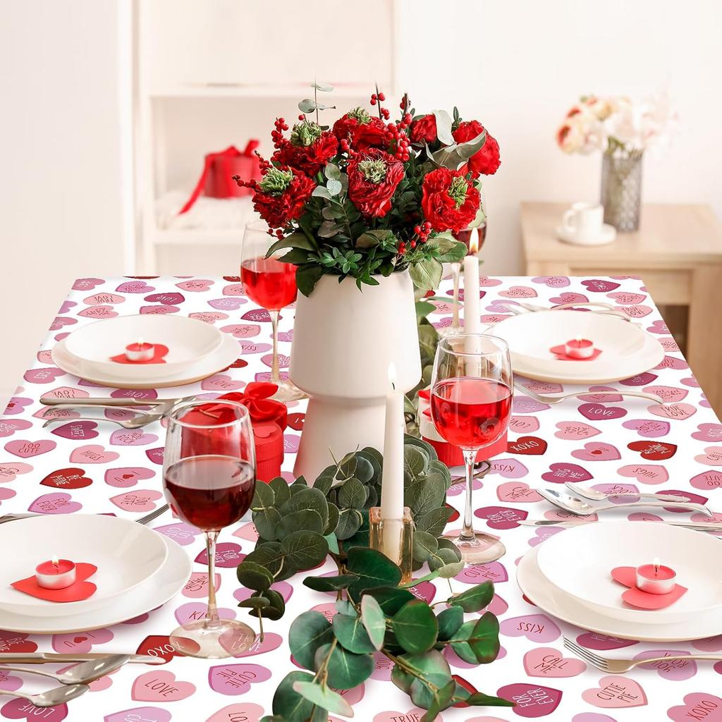 3 Pcs Valentines Day Tablecloth, Pink Love Heart Plastic Table Cover, Valentines Disposable Rectangle Table Cloth for Valentine’s Day Wedding