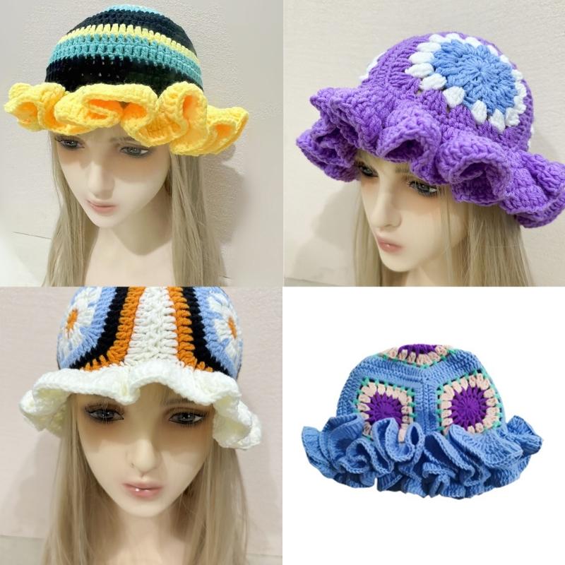 Hand Crochet Bucket Hat with Ruffled Edge Warm Fisherman Hat Ethnic Flower Hat Headwear for Women Winter Elegances