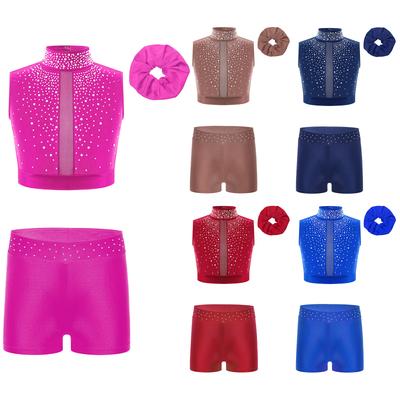 Girls Gymnastics Crop Top Mock Neck Sleeveless Keyhole Back Design with Rhinestone Waist Shorts Hair Accessory