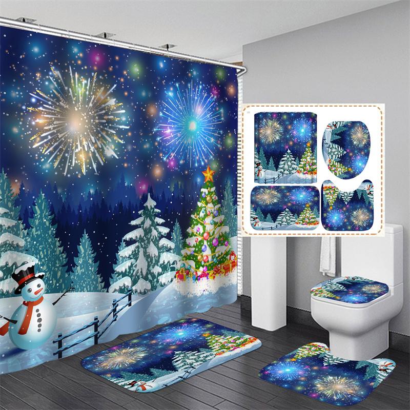 Santa Vánoční sada sprchových závěsů Vanová předložka Protiskluzový koberec Koupelnová přepážka Vodotěsná Domácí dekorace Cortinas Para Ba ñO