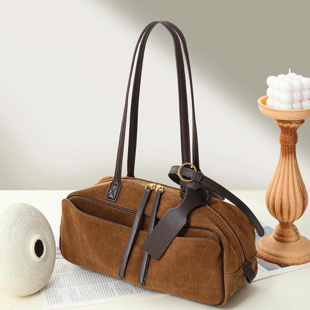 2025 Genuine Coow Leather Suede Bowling Bag Minimalist Luxury Boston Bag Women's Versatile Commuter Top-Handle Shoulder Bag