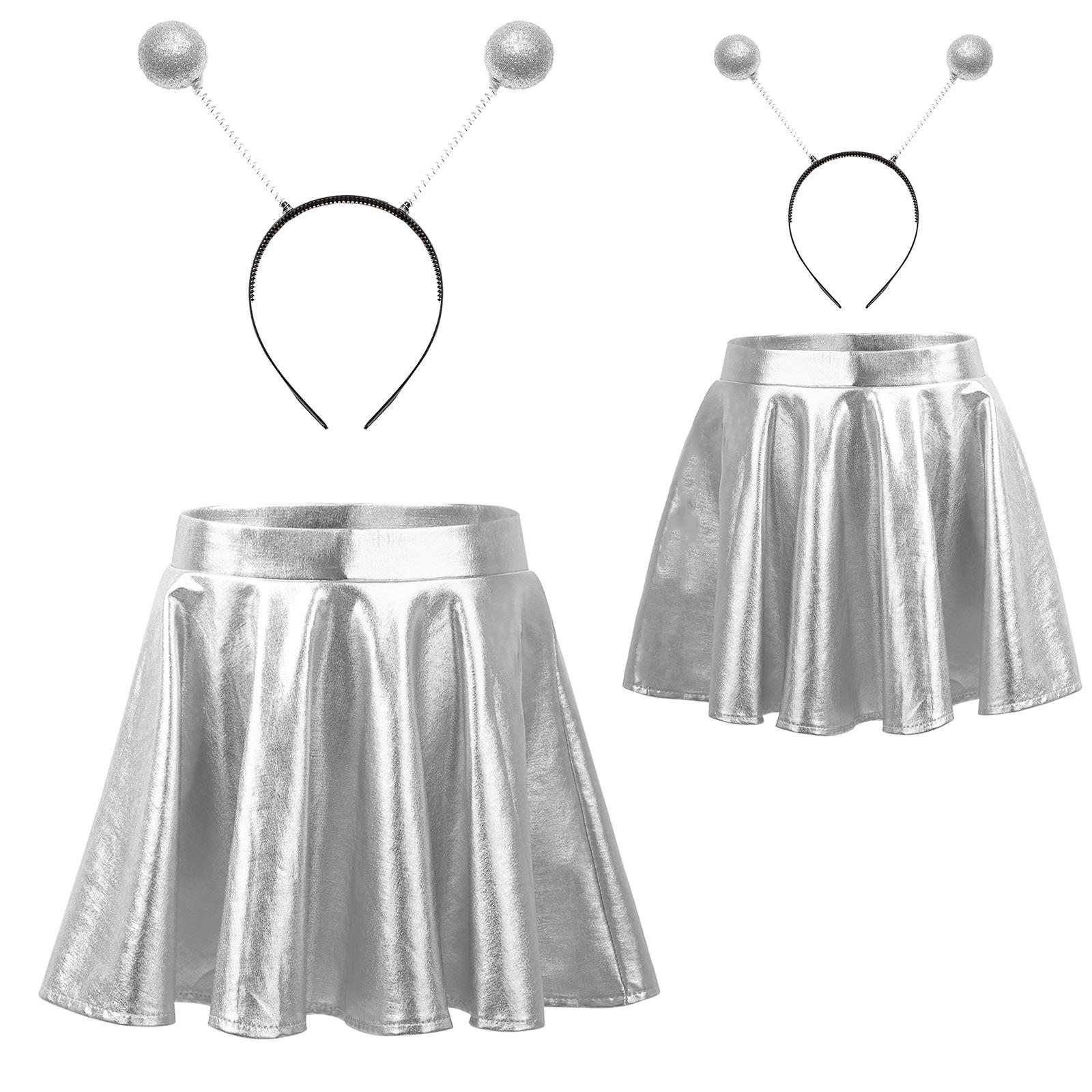 Girls Pleated Mini Dance Outfits Skirt Children Glossy Alien Costume Metallic Theme Party School Show Stage Performance Sets 6