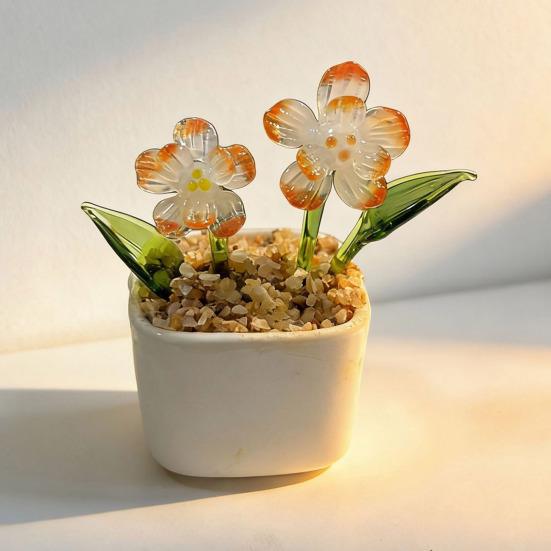 Miniature Glasblomst Figur Håndblæst Mini Blomsterbuket i Pot Samlerobjekt Blomstrende Blomsterpynt til Hjem Indendørs Borddekoration
