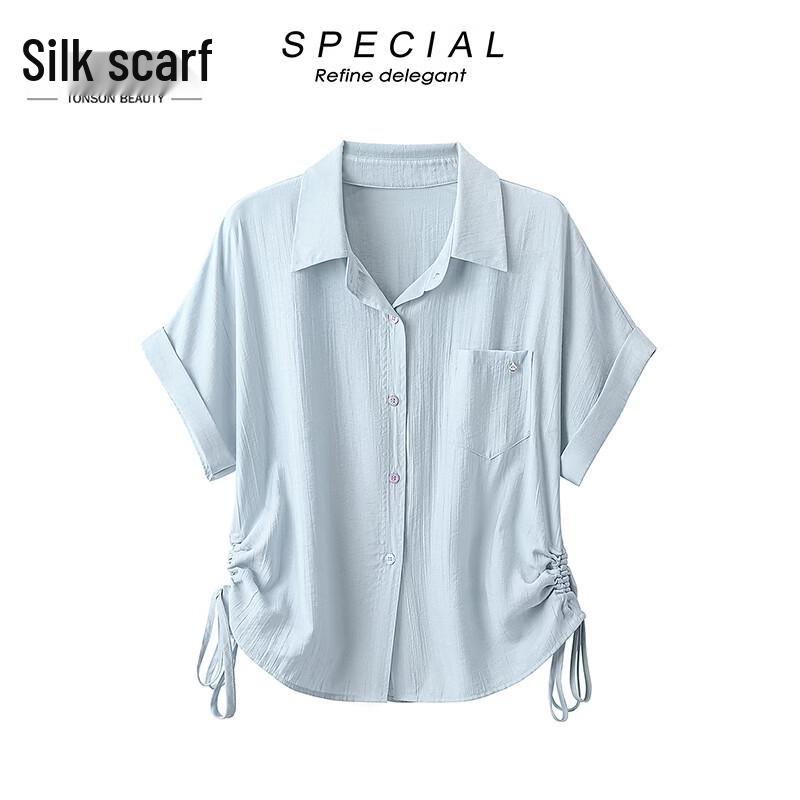 Women s Solid Color Tie-Waist Lapel Short Sleeve Blouse M