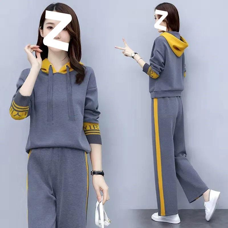 Fashionable Sports Suit for Women in Spring and Autumn, Casual, Age-reducing, Hooded Sweatshirt, Wide-leg Pants, Two-piece Set