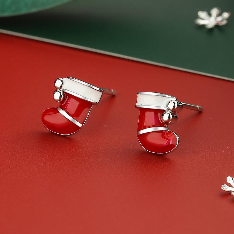 S925 Sterling Silver Reindeer Snowflake Red Earrings - Christmas Series Studs for Women