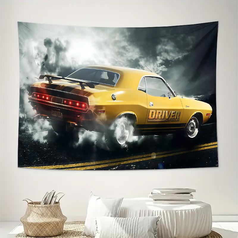 

Yellow Muscle Car Racing Drift Scene Wall Tapestry Machine Washable All Season Decor Art Print Vintage Auto Design Home nontoxic 74x94cm(29x37in)
