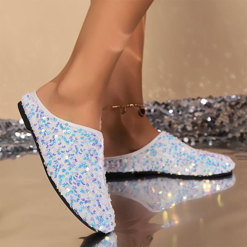 

мода Блестящие женские туфли на плоской подошве Мюли Туфли Тапочки Осенняя мода Повседневная обувь Женская 2024 Трендовая обувь для ходьбы Уютное платье Chaussures Femme 43 серебряный