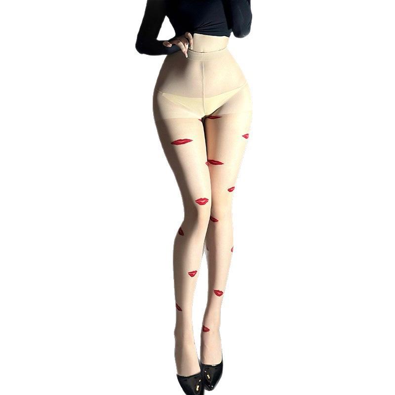 Ciorapi Negri Transparenți Anti-Agățare cu Imprimeu Sexy de Buze pentru Femei