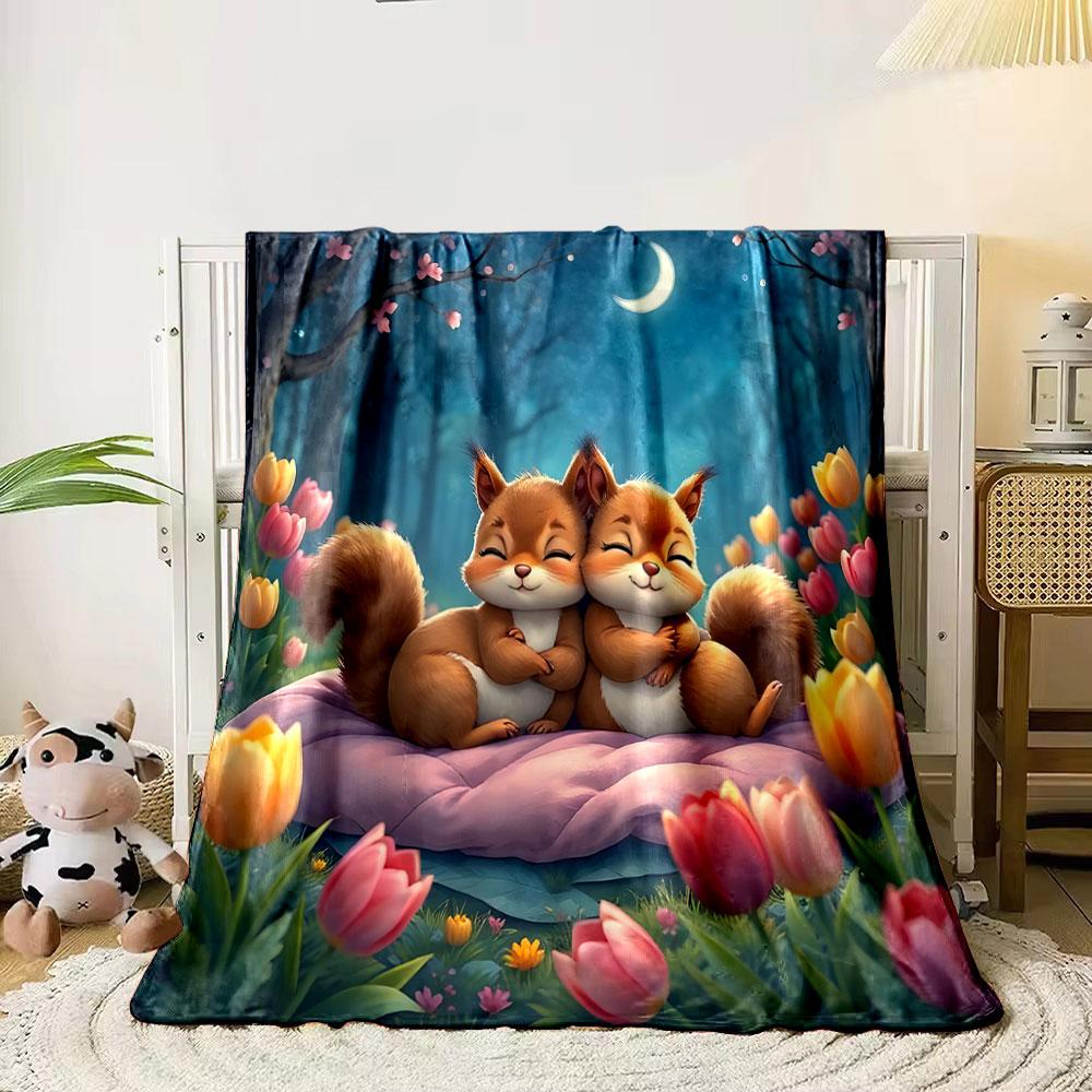 Cozy Squirrels In a Moonlit Garden Print Blanket Soft and Cozy Perfect for the Living Room Bed Sofa or a Nap,gift