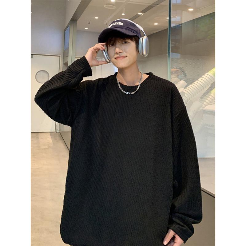 Men's Solid Color Long Sleeve Jacquard T-Shirt - Trendy Scruffy Hong Kong Style, Loose Fit for Couples.