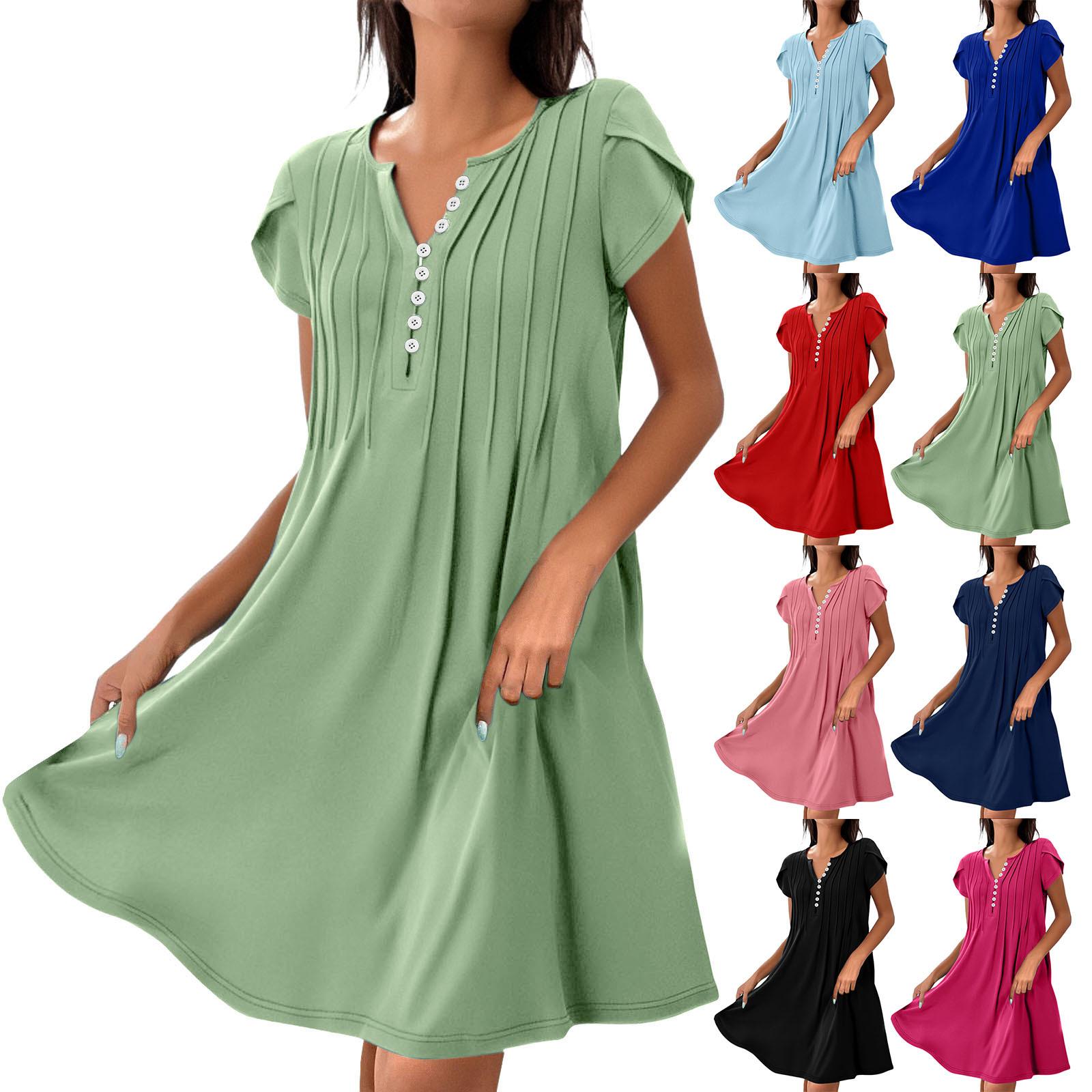 

Women s Short Sleeve V-Neck Button Front Flared Dress in Multiple Colors S чорний