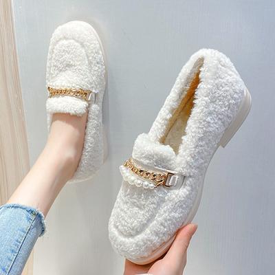 Plantilla de Moda Pelo Sintético Zapatos Planos Mujer Zapatos Completamente de Lana Tacones Engrosados Mocasines Mujer Cómodos Slip On Invierno Cadena de Perlas Mocasines de Lana de Cordero