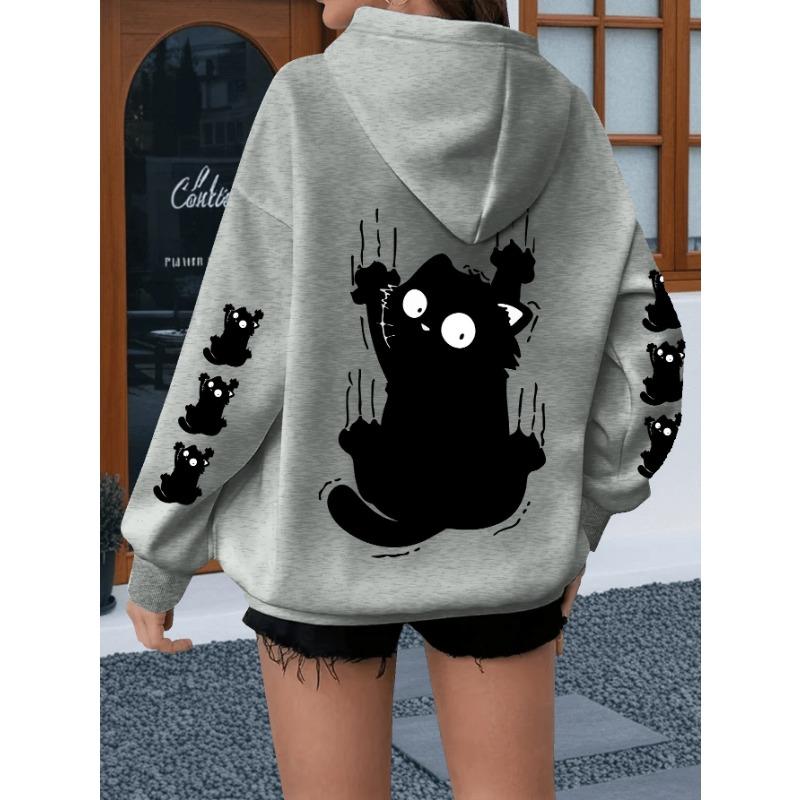 Scared Little Black Cat Minimalist Black and White Print Hoodie for Large Size Women's Sweatshirt Winter Clothes Women