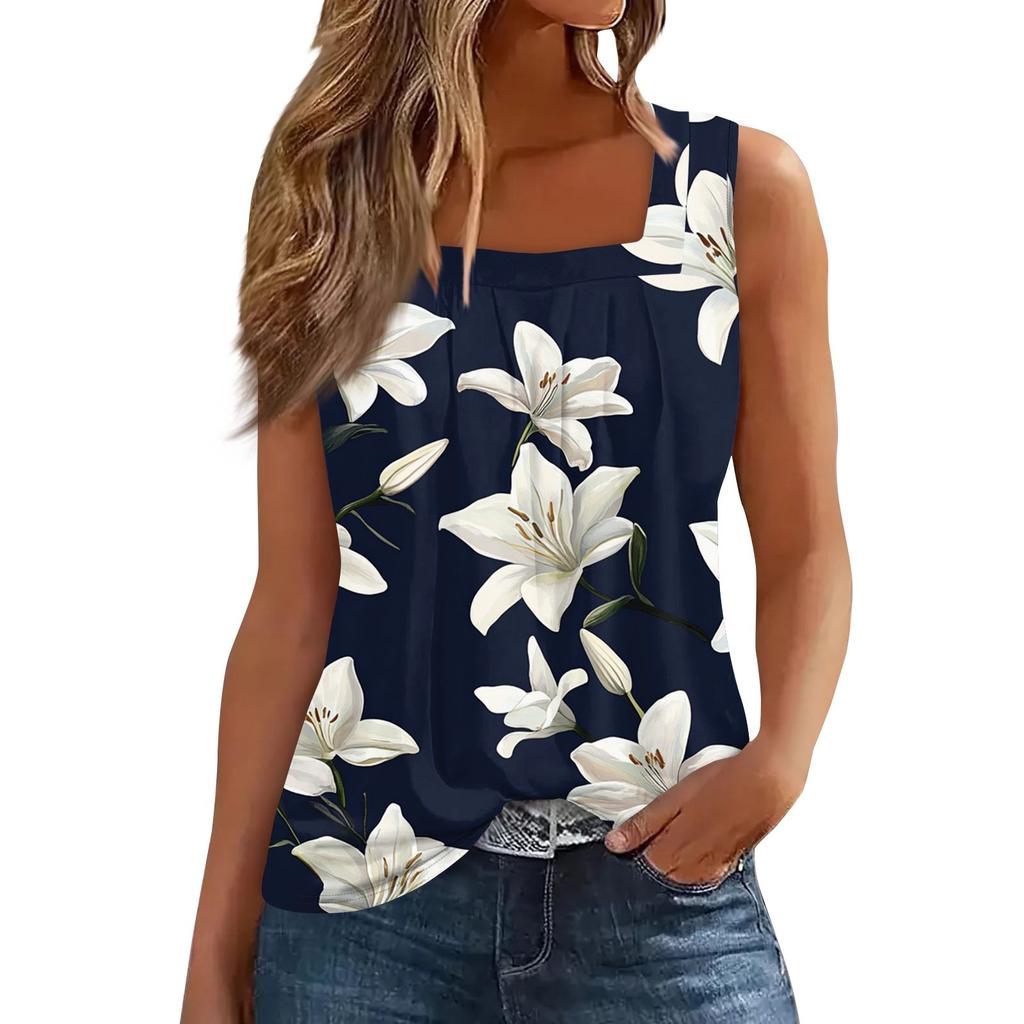 Women's Pleated Square Collar Sleeveless Vest Print T-shirt