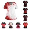 Halloween Print V Neck Short Sleeve Nurse Top with Double Pockets and Side Slits Medical Scrub Shirt for Healthcare Workers