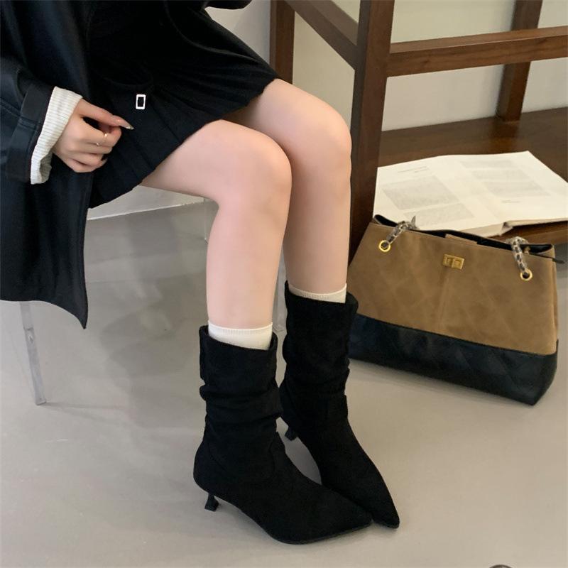 Mi Ting Mid Boots Retro Suede Wrinkled Thin Stacking Boots Women's Autumn and Winter Pointed High Heel Thin Boots Simple Short Boots