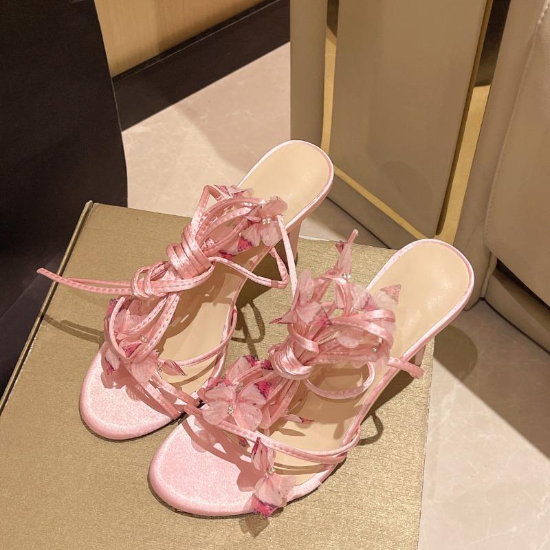 Fashion Summer New Stiletto Sandals Women Round Head Open Toe Butterfly Knot Thin Strap Cross Strap Anti-slip Wear-resistant High Heels