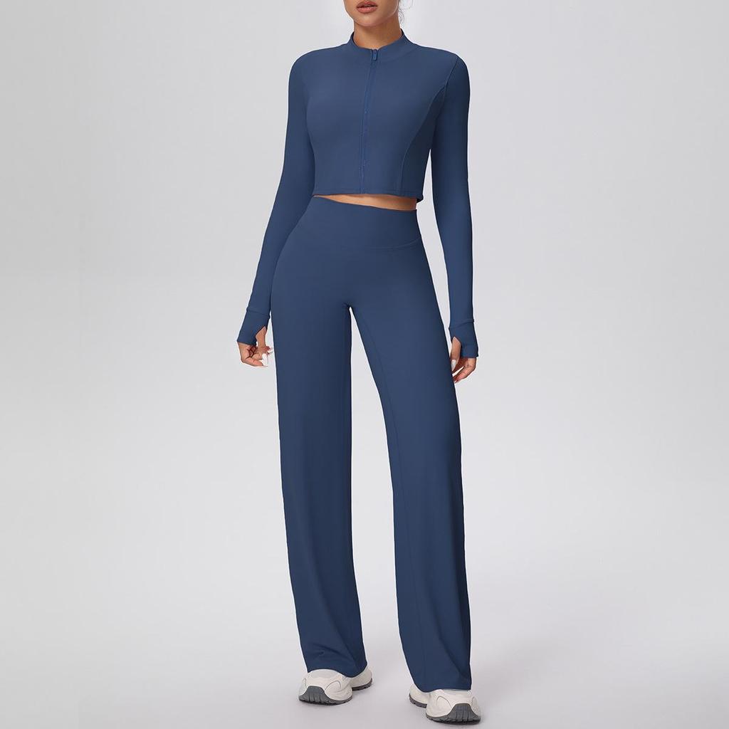 New Cross-border Solid Color Zip Jacket & Wide Leg Yoga Suit - Two-piece Fitness Set