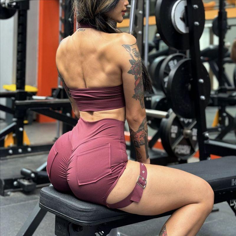 Fashion Cool Hip Slimming Fitness Shorts Adjustable Buckle Sexy Sports Peach Hip Yoga Pants Pocket Training Tights