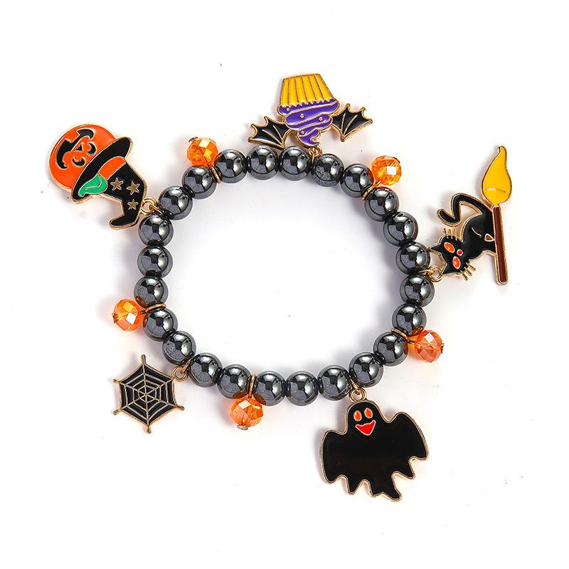 Funny Halloween Crystal Beaded Bracelet for Women Cartoon Pumpkin Black Bat Ghost Spider Web Beads Bracelets Party Jewelry Gift