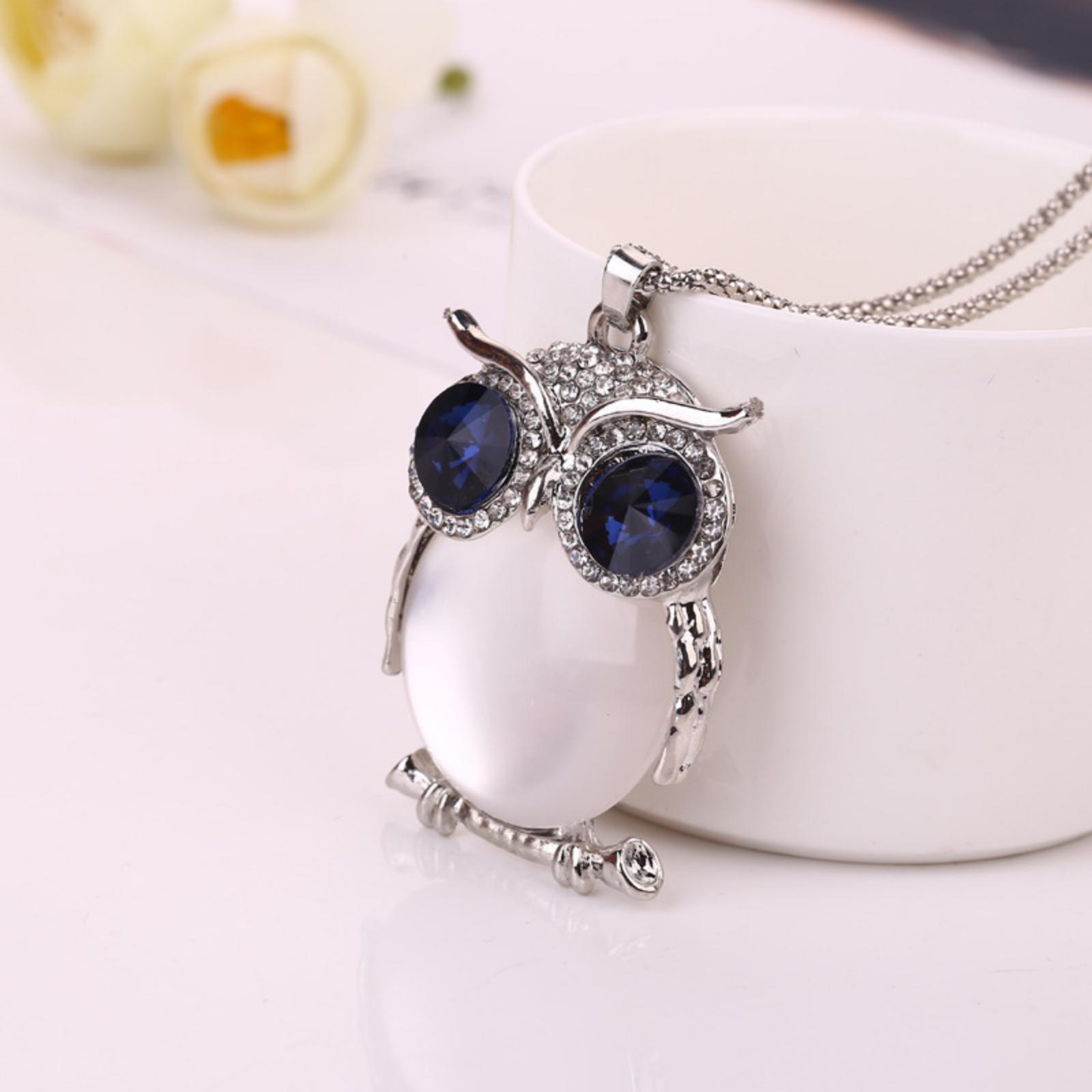 Fashion Owl Pendant Necklace with Large Gemstone Eyes and Rhinestone Embellishments on Silver Tone Metal Chain for Women and Girls one size