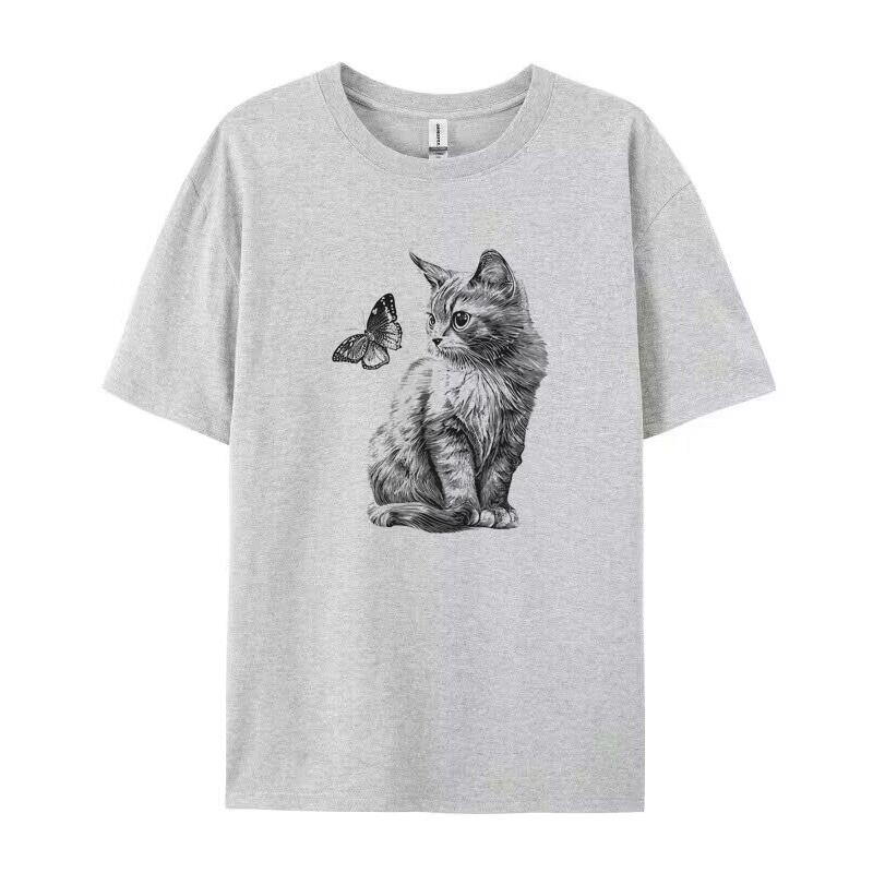 Cute Kitten Butterfly Graphic Tops Aesthetic Cat Mom Shirt Women Loose Clothing 90s Retro Cat Lover Tshirts