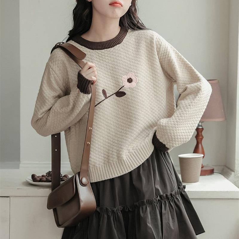 

Осень и зима новый универсальный нежный ветер рукавчик-фонарик узор с маленькими цветочками свитер в тонкую полоску one size fits all хаки