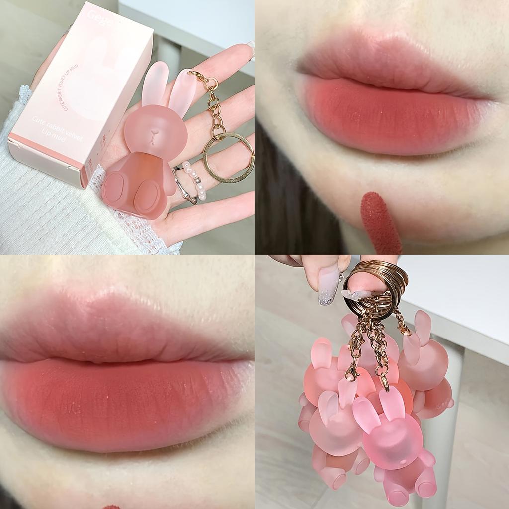 Precioso barro labial en forma de conejo aterciopelado, duradero, hidratante, antiadherente, con acabado mate, arcilla para labios perfecta para el maquillaje diario