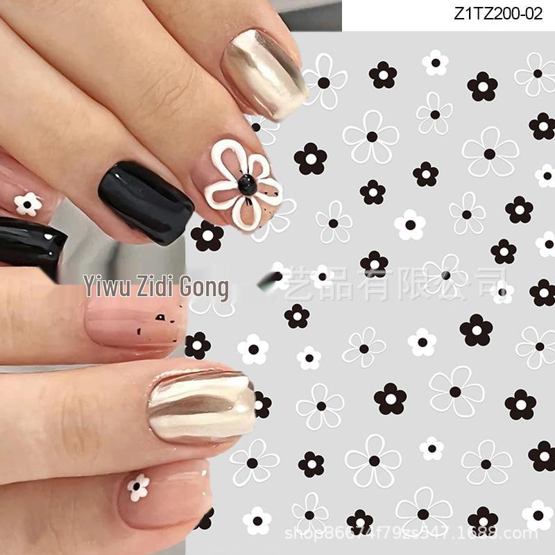 

Black & White Hand-Painted Flower Nail Stickers - Sweet & Cool Five-Petal Camellia Design