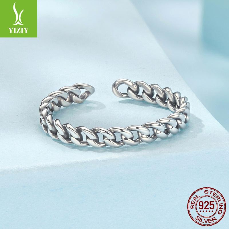 S925 Sterling Silver Cuban Chain Open Ring, Personalized Vintage Chain Adjustable Ring Jewelry