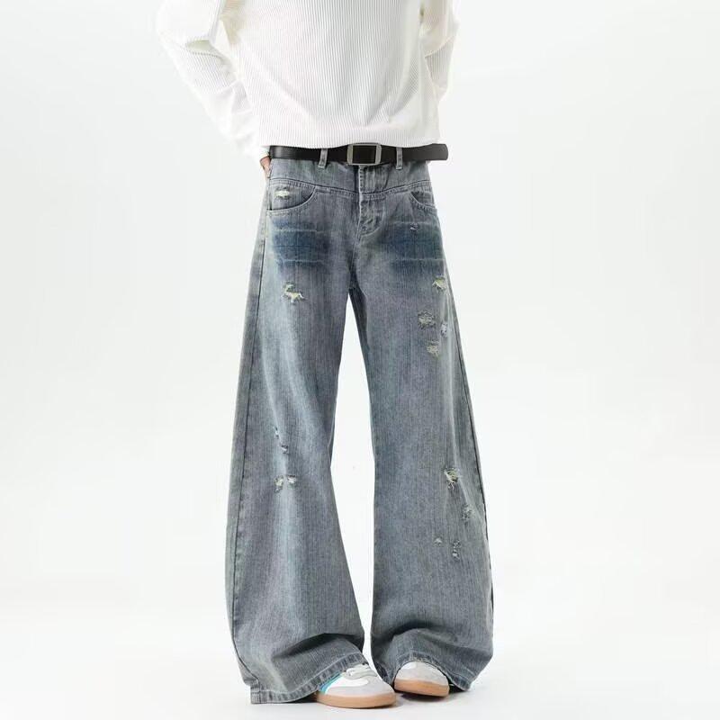 American niche design vibe retro pants men loose straight trend ink splashing wide leg jeans men
